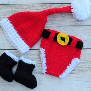 Christmas Santa Outfit hat diaper cover booties 
Baby crochet set photo op